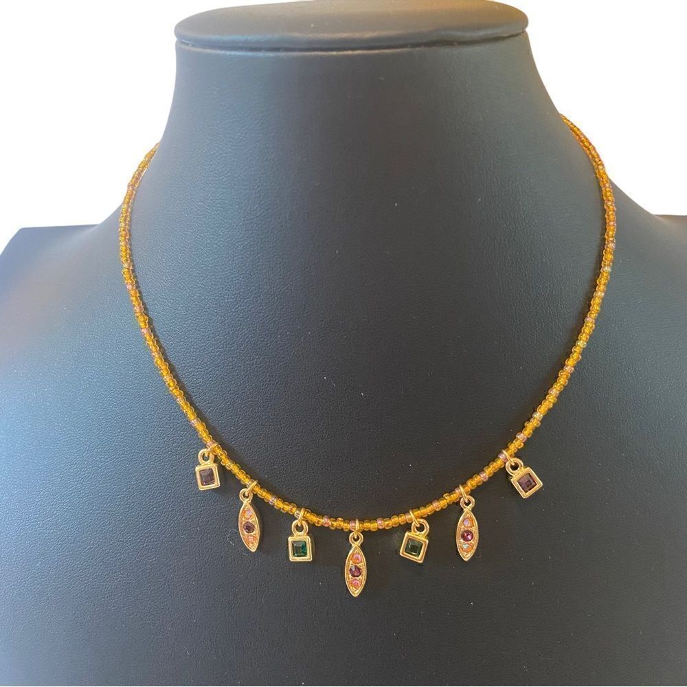 Anne Klein Jeweled Necklace on Gold Toned Beaded Chain.